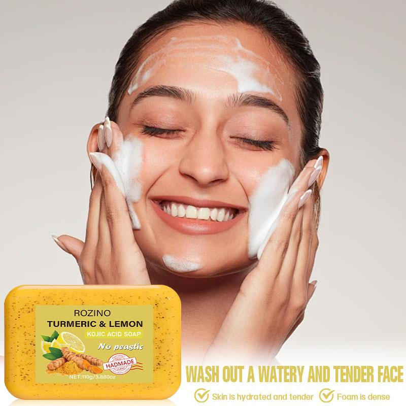 ROZINO [15 PACK] Turmeric & Lemon Soap Bars - Natural KOJIC Acid Soap for Daily Grooming - 15 Bars in Convenient Pack