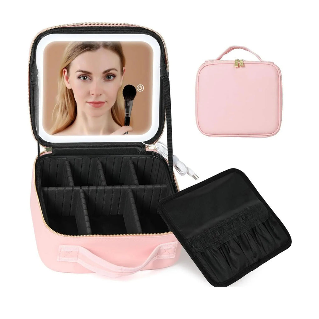 Travel Makeup Bag with LED Lighted Mirror, Makeup Train Case with Adjustable Dividers for Home,Gift,Vacation