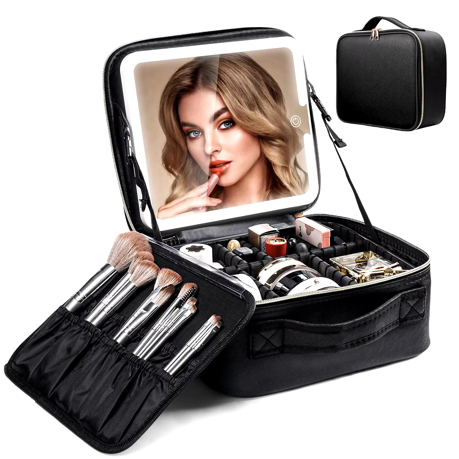 Travel Makeup Bag with LED Lighted Mirror, Makeup Train Case with Adjustable Dividers for Home,Gift,Vacation